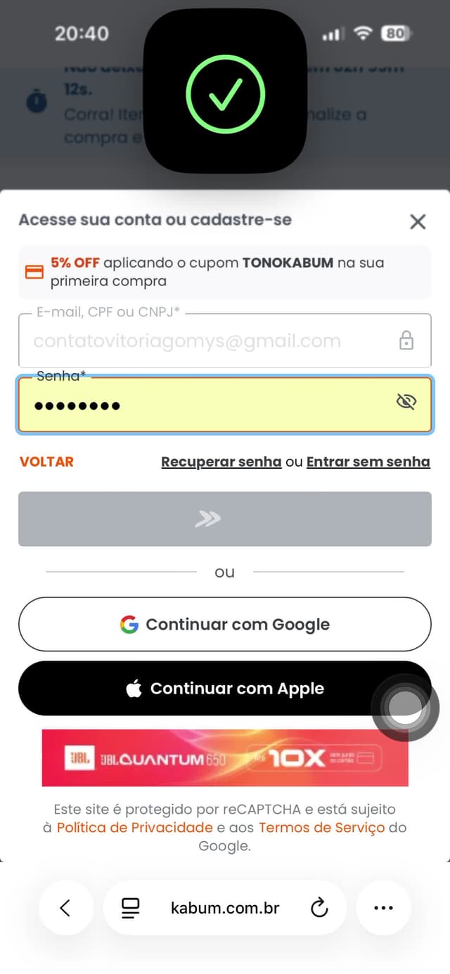 KaBuM e-commerce home page on mobile device, displaying product categories and featured deals with dark navigation header and colorful promotional banners