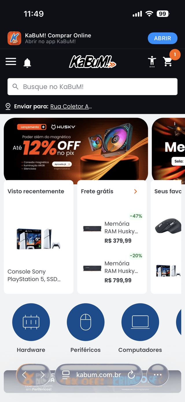 KaBuM e-commerce home page on mobile device, displaying product categories and featured deals with dark navigation header and colorful promotional banners
