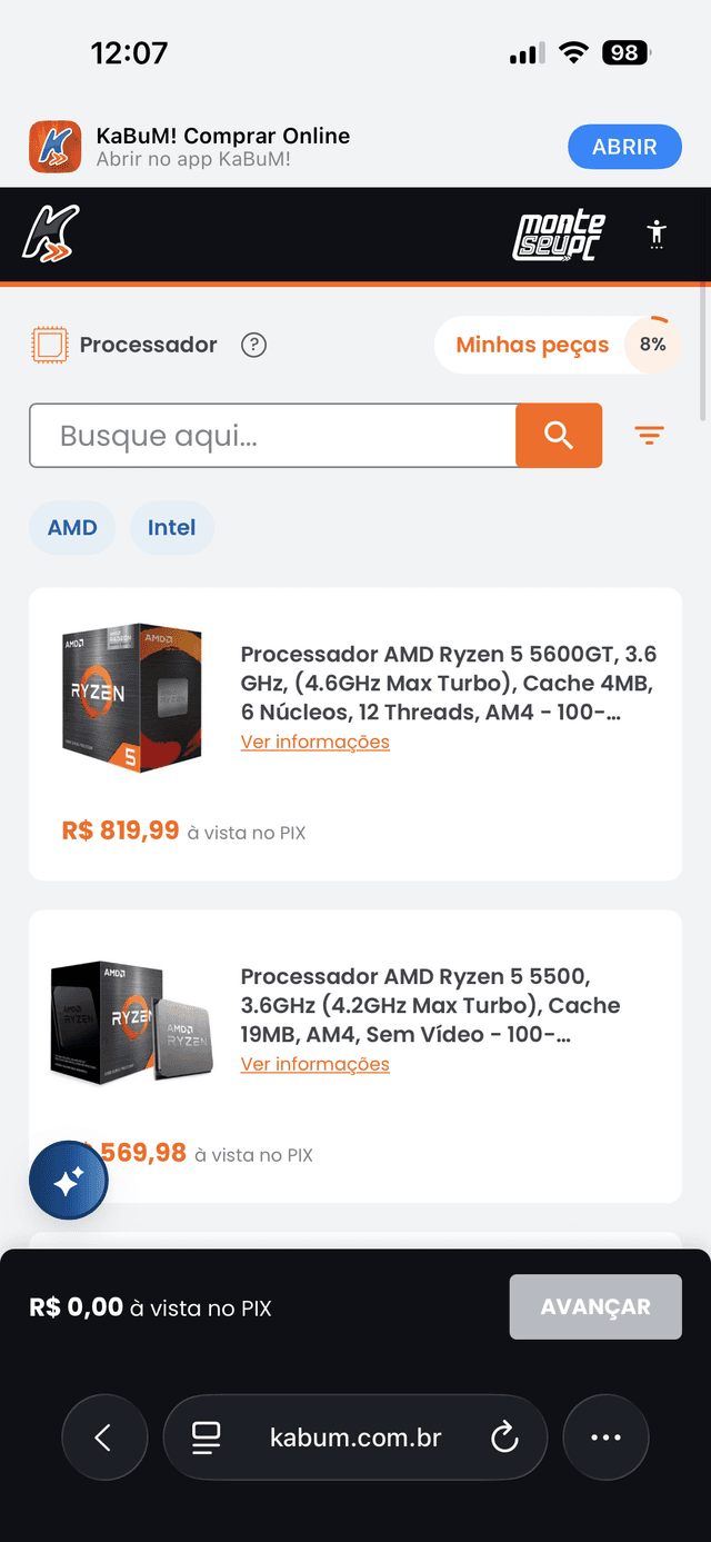 KaBuM custom PC builder interface on mobile device, featuring component selection categories, pricing breakdown, and configuration summary for system assembly